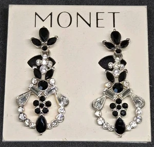 Monet Black & Clear Rhinestone Clip-On Chandelier Earrings – New on Card OBO - Picture 1 of 3