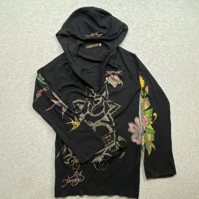 Sudadera con capucha negra para mujer Y2K Ed Hardy talla L Pullover Eternal Love Grunge Distressed Foto 1 de 4