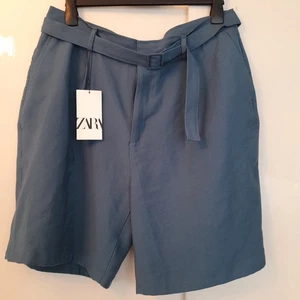 New ZARA Teal Blue Means Shorts With Belt Size UK 34" Waist - Picture 1 of 2
