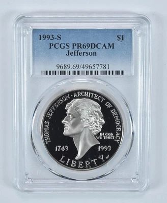 1993-S Jefferson Commemorative Dollar PR69 DCAM PCGS Blue Label *9471 - Image 1 of 4