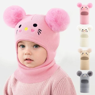Sombrero y bufanda de pasamontañas de punto de invierno para niños | Gorro con capucha de una pieza con pompón | W Foto 1 de 2