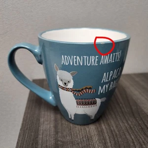 "ADVENTURE AWAITS! ALPACA MY BAGS" Coffee Tea cup mug Turquoise One Chip Circled - Picture 1 of 7