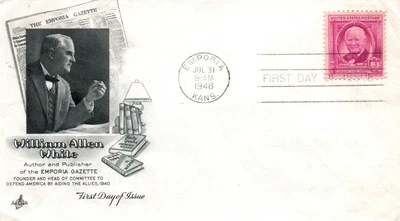 CUBIERTA PRIMER DÍA DE EE. UU. WILLIAM ALLEN BLANCO AUTOR Y EDITOR ARTCRAFT CACHET 1948 Foto 1 de 2