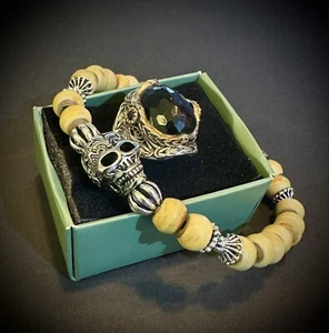 925 sterling silver skull bracelet Biker Style Ring Set - Picture 1 of 13