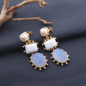 Natural Pearl Agate Opalite Quartz Gold Plated Designer Stud Drop Earring Pairs - Picture 1 of 3