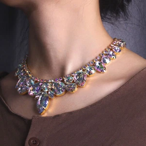 AB Rhinestone Crystal Choker Necklace Wedding Party Prom Necklaces For Women - Picture 1 of 5