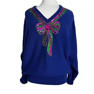 Vintage Barbara Scott Womens Size Large Sweater Sequin Bow Blue Pullover Sparkly - Picture 1 of 8