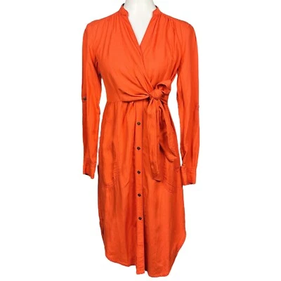 Anthropologie Maeve Midi Dress Womens 2 Petite Linen Wrap Orange Button Up New - Image 1 of 4