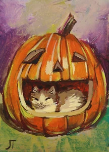 ACEO PRINT of Painting Cat Pumpkin Halloween art - Picture 1 of 2