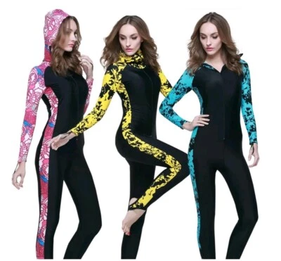 SBART Wetsuit Women's Hooded Long Sleeve Front Zipper One Piece Swimsuit Rash Guard Di