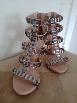 New Steve Madden Multi Strap CZ Cage Studded Nude Dress Sandals Heels Shoes Pump - Image 1 of 4