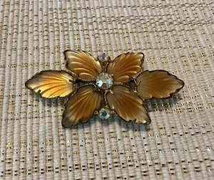 Rare Czech Brandy Colored Molded Poured Satin Glass Flower Pin Brooch - Picture 1 of 5