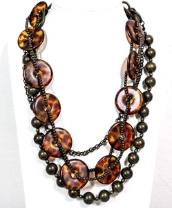 Premier Designs Bronze Tone Faux Tortoise Shell Disc Multi Strand Necklace 18.5" - Picture 1 of 9