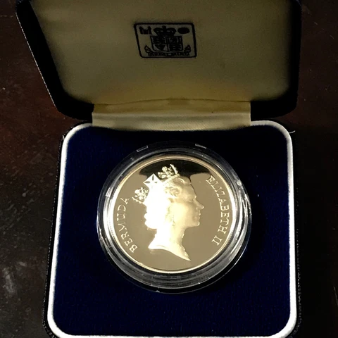BERMUDA 1985 ONE $1 DOLLAR SILVER PROOF CRUISE SHIP TOURISM PALM TREE w/Box 39mm Cover