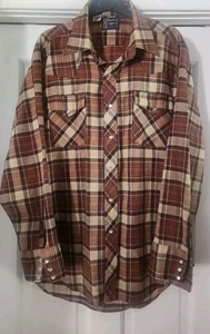 VTG Dee Cee Rangers Pearl Snap Shirt Brown Plaid Flannel Long Sleeve 16-L-16 1/2 - Picture 1 of 9