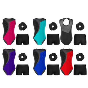 Kids Girl's Leotard With Shorts Hair Band Competition Bodysuit V-front Rompers - Picture 1 of 69