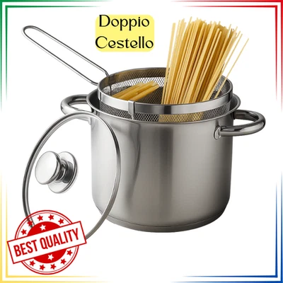 Pentola con scolapasta cuocipasta spaghettiera doppio cestello per pasta acciaio - Immagine 1 di 4