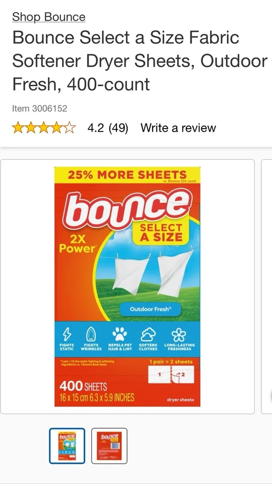 (2 упаковки) Смягчитель ткани Bounce выберите размер сушилка простыни для улицы свежие 400 карат - Изображение 1 из 1