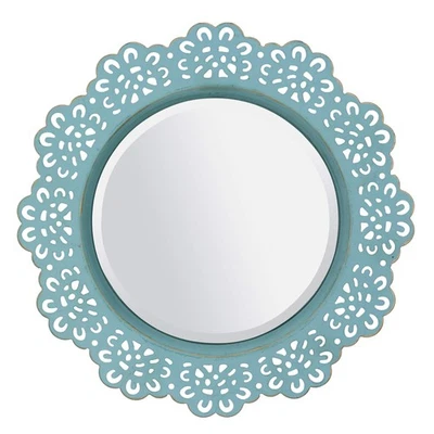Round Decorative Metal Lace Hanging Wall Mirror with Attached Hanger, Blue wi... - Image 1 of 4