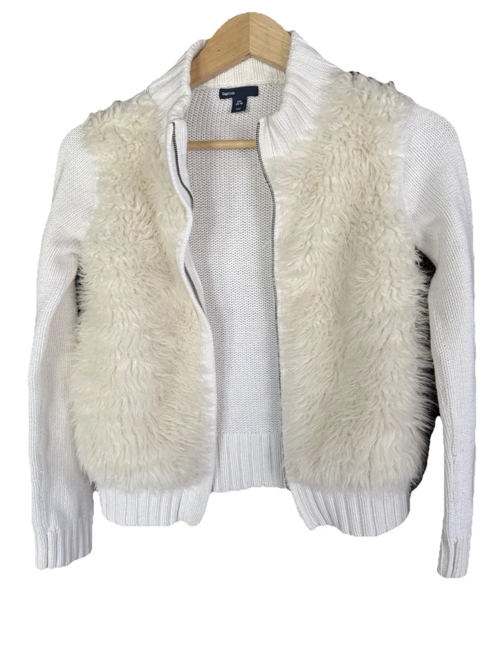 GAP Kids Faux Fur Sweater Sz 14/16 (XXL) Ivory Zip Cardigan -Great Condition! - Image 1 of 4