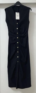 ZARA BLACK SLEEVELESS V-NECK GATHERED RUCHED MIDI DRESS WITH BUTTONS SIZE S BNWT - Picture 1 of 13
