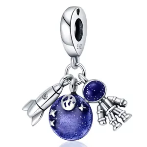 Sterlingsilber S925 3 Stck. Space Charm Mond/Rakete/Astronaut für Halskette/Armband - Bild 1 von 4