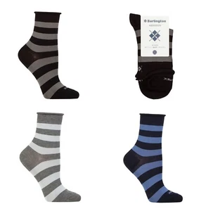 Womens Burlington Striped Socks Aberdeen Fine Viscose Blue / Grey / Black 1 Pair - Picture 1 of 7