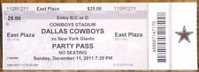 Dallas Cowboys vs. New York Giants 12-11-2011 Used Ticket Stub