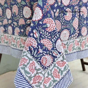 Blue hand Block Printed tablecloth Indian Floral Cotton Custom Table cover - Picture 1 of 10