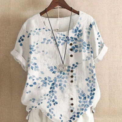 Womens Blouse Loose Floral T-Shirts Cotton Linen Ladies Tops Plus Size - Image 1 of 4