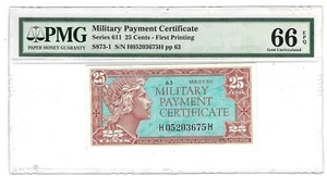Series 611 25 Cents Military Payment Certificate MPC First Printing PMG 66 EPQ - Picture 1 of 2
