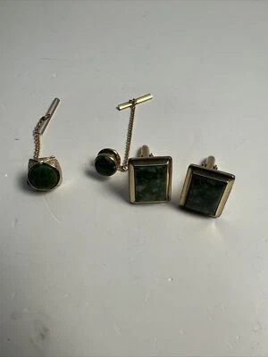 Conjunto de abotoaduras de ouro vintage HTF 1/20 14K GF pedras geométricas verdes veja fotos - Imagem 1 de 4