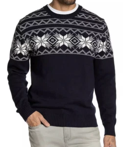 HERRENPULLOVER WETTERFEST MARKE BLAU mit WEISSEN SCHNEEFLOCKEN GERIPPTES BÜNDCHEN RUNDHALSAUSSCHNITT - Bild 1 von 5