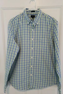 J.CREW Men Slim Checkered Shirt Size Large White Light Green and Blue D - Picture 1 of 6