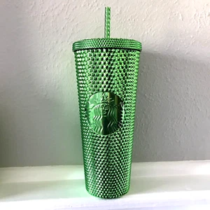 Starbucks Metallic Green Studded Bling 24 oz Tumbler Cold Cup Venti with Straw - Bild 1 von 14