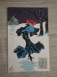 CPA Postcard ILLUSTRATEUR France Datée 1906 litho Jeune Femme dans la neige - Picture 1 of 2