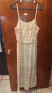 Impressions Ivory Sleeveless Lace Crochet Maxi Dress Stretch L Peasant BOHO SEXY - Picture 1 of 5