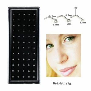 1.5/2/2.5mm 60pcs Zircon Nose Ring Piercing L Shape Stainless Steel Rhinestone - Picture 1 of 14