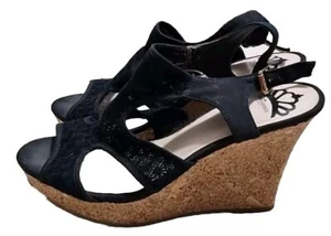 Fergalicious Wedge Sandals Kammi Strappy Black Lace Cork Heel Women Sz 8 P08 - Picture 1 of 7