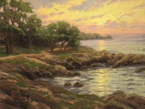 Premium REPRODUCTION of an OIL PAINTING Sunset on Monterey Bay USA - Picture 1 of 2