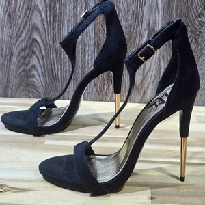 Sandalias negras de gamuza de tacón alto con correa en el tobillo y correa en T para mujer talla 6 - Imagen 1 de 18