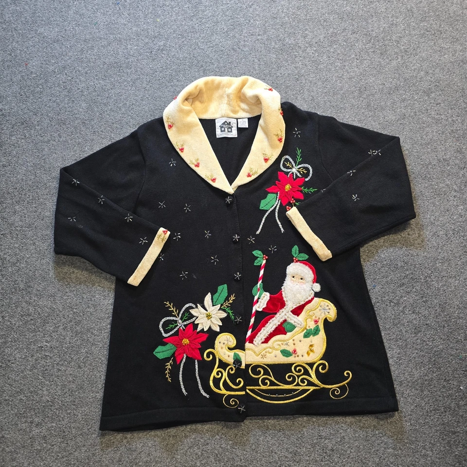 Suéter de punto Storybook para mujer talla 1X negro Navidad vacaciones Papá Noel cuentas feo Foto 1 de 4