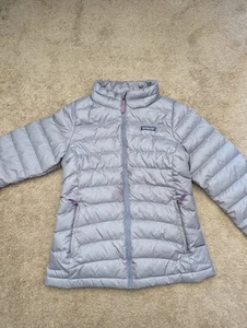 Patagonia Down Puffer Jacket  Kids Girls Large 12 Gray & Purple Full Zip Pockets - Picture 1 of 6