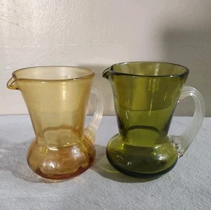 Vtg Small Handblown Glass Creamer Jewel Tone Art Blown Pitcher Handles Vase X2 - Picture 1 of 14