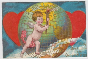 Cupid Lit Torch Globe Gold Robbins Valentine Postcard - Bild 1 von 2
