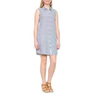Tahari gestreiftes ärmelloses Hemdblusenkleid Gr. XL 100% Leinen Taschen blau weiß neu ohne Etikett - Bild 1 von 9
