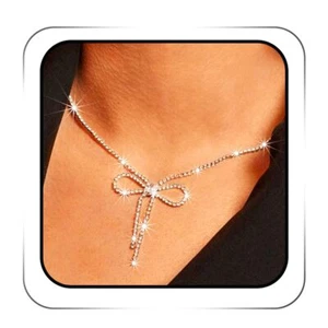 ACEDRE Rhinestone Bow Pendant Necklace Jewelry Silver Crystal Bowknot Choker ... - Picture 1 of 7