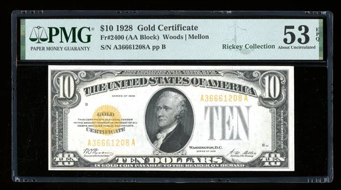 DBR 1928 $10 Gold Certificate Fr. 2400 PMG 53 EPQ Serial A36661208A Cover