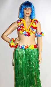 HAWAII HULA GRASS SKIRT FLOWER LEIS BRACELETS FANCY DRESS THREE PIECE COSTUME