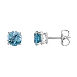 14k White Gold Plated 4 Carat Round Created Aquamarine CZ Stud Earrings - Picture 1 of 2